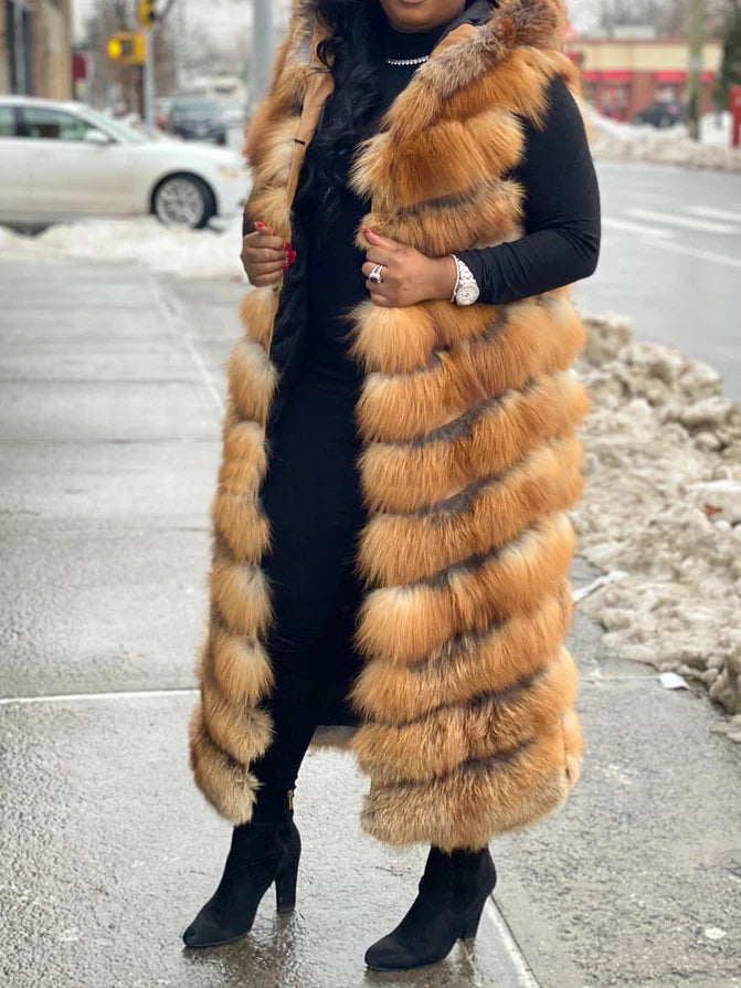 Long Red Fox Fur Vest With Hood（✔️Free shipping）