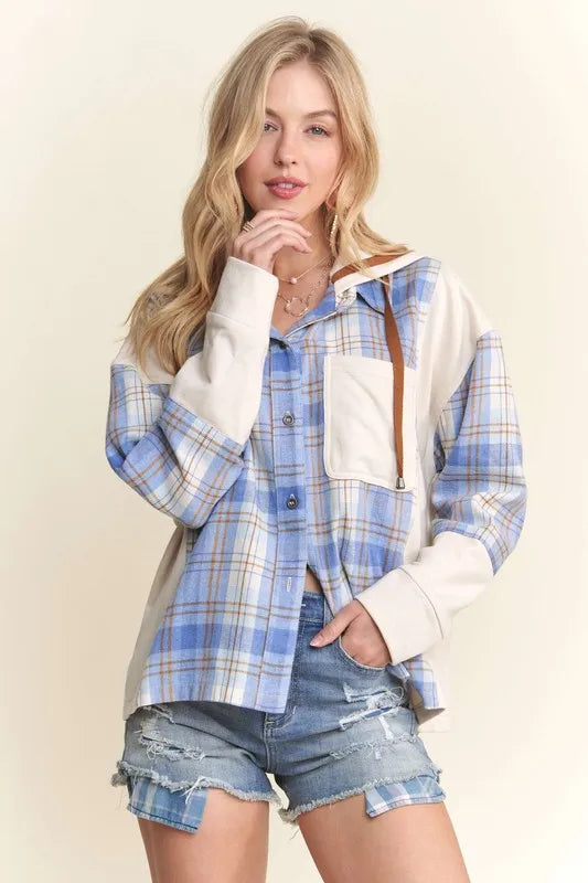 Button Down Plaid Hoodie Shacket