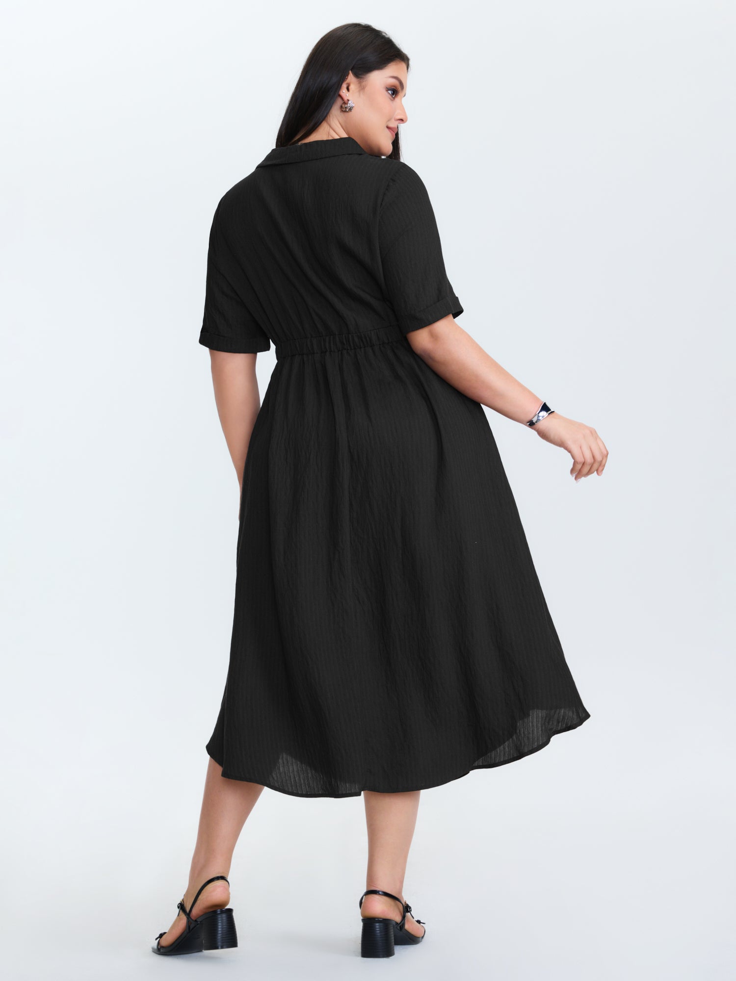 Zipper Front Collar Plain Midi Dress