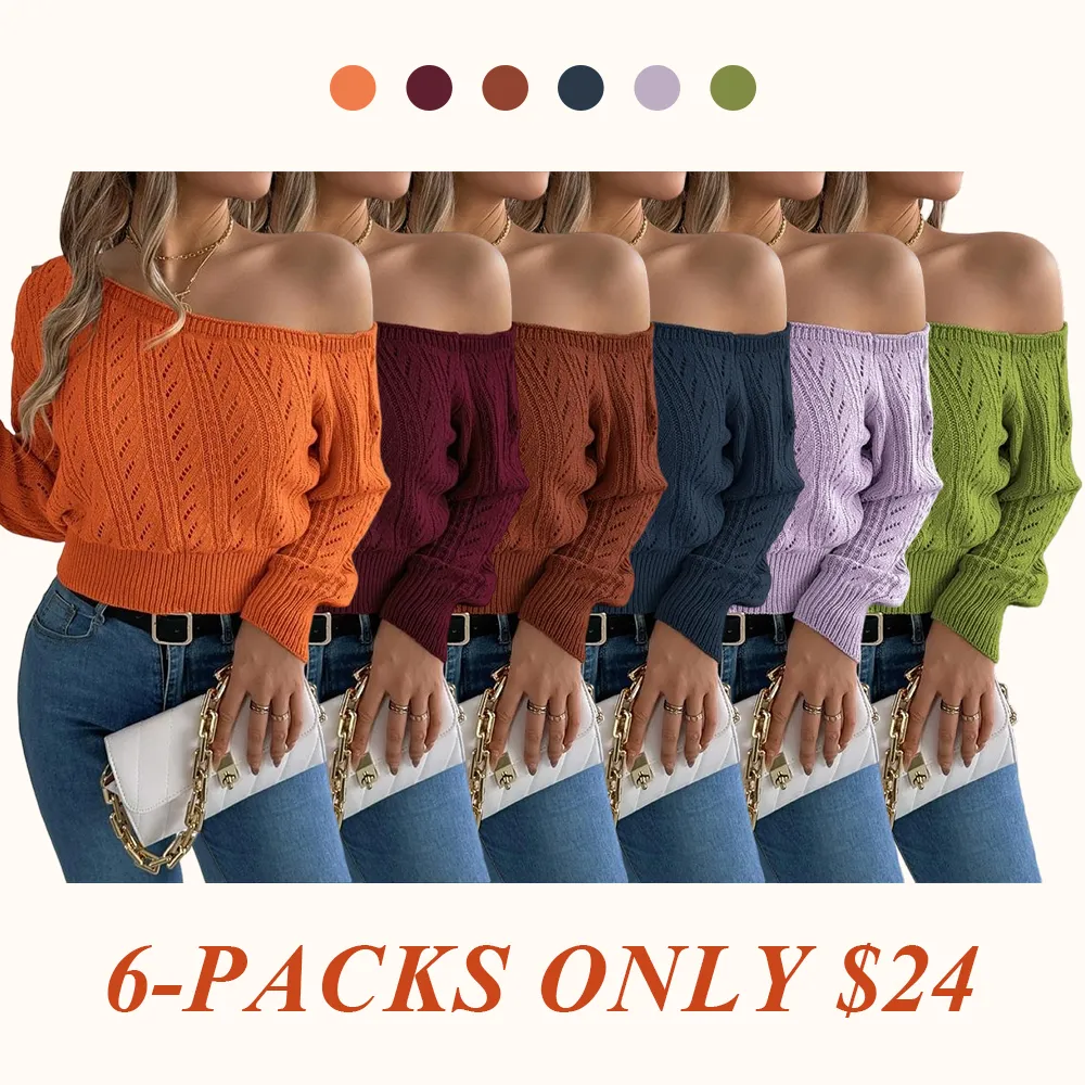 Women's Plain Textured Hollow Out Asymmetrical Neck Sweater