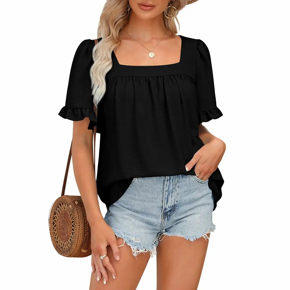 Coquette Blouse | Women's Square Neck Peplum Top with Whimsical Ruffle Sleeves