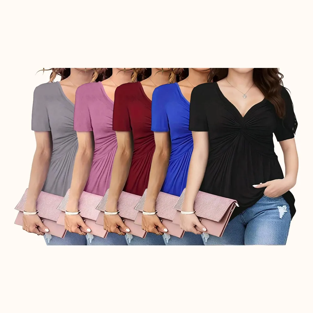 Solid Twist Front V Neck Tee, Elegant Casual Short Sleeve T-shirt for Summer, Casual Fashionable Top