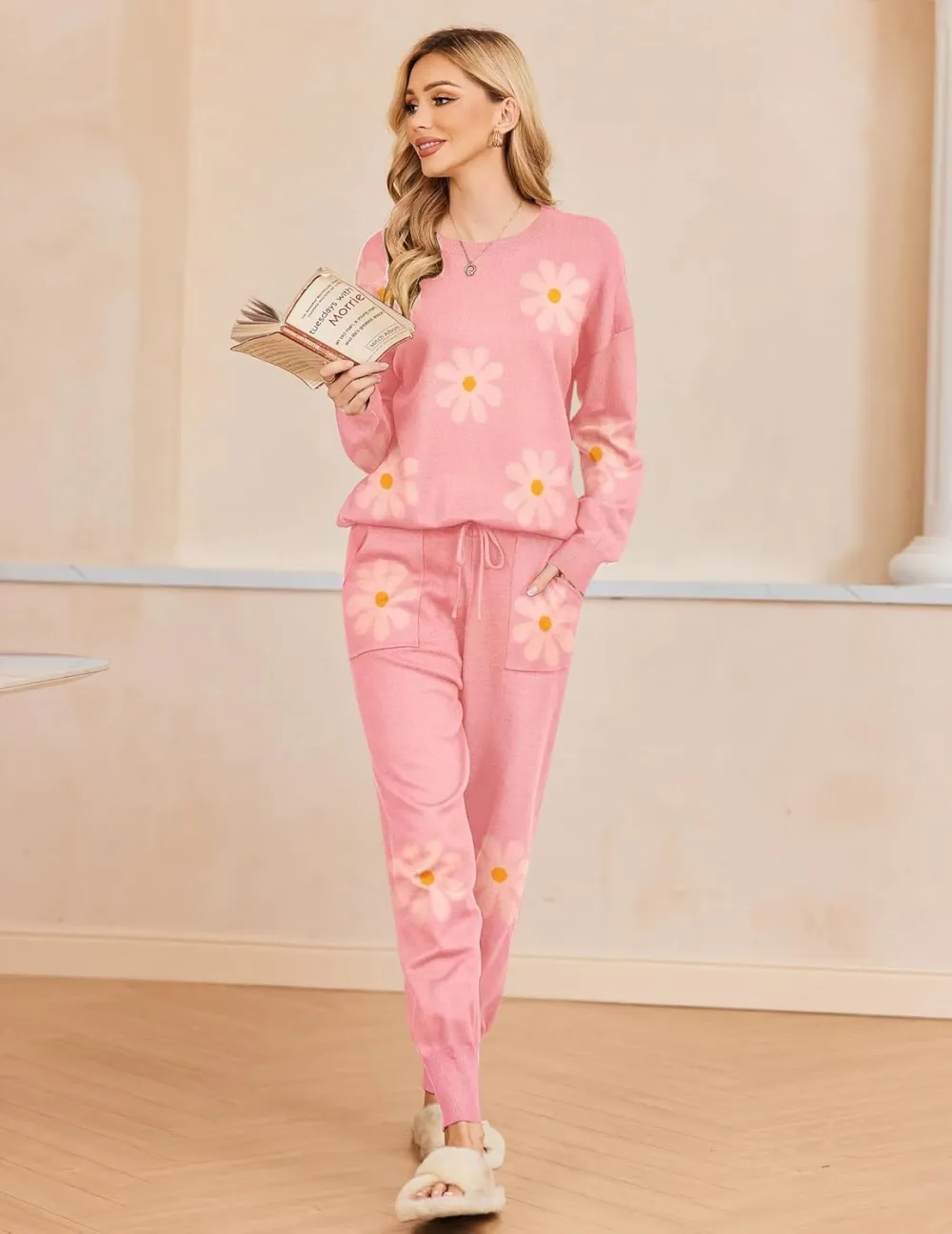 Women's Long Sleeve Knit Loungewear Set Jogger Pants Outfit