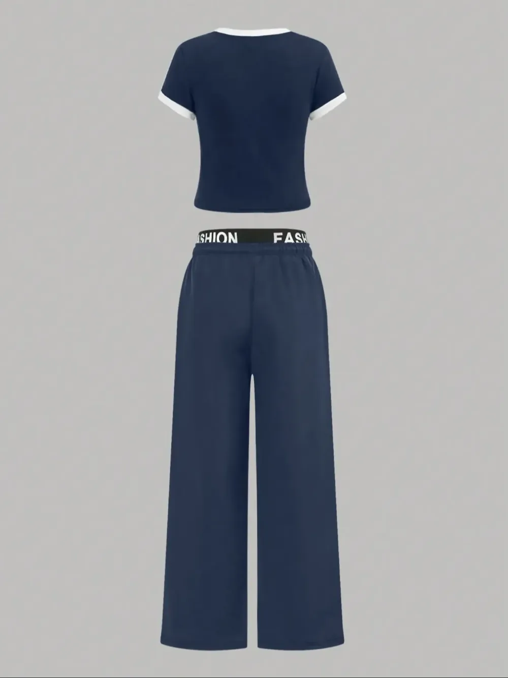 Hot-girl Style Contrast Binding Short Top and Letter Tape Wide Leg Pants, Women's Black & White Two-piece Set