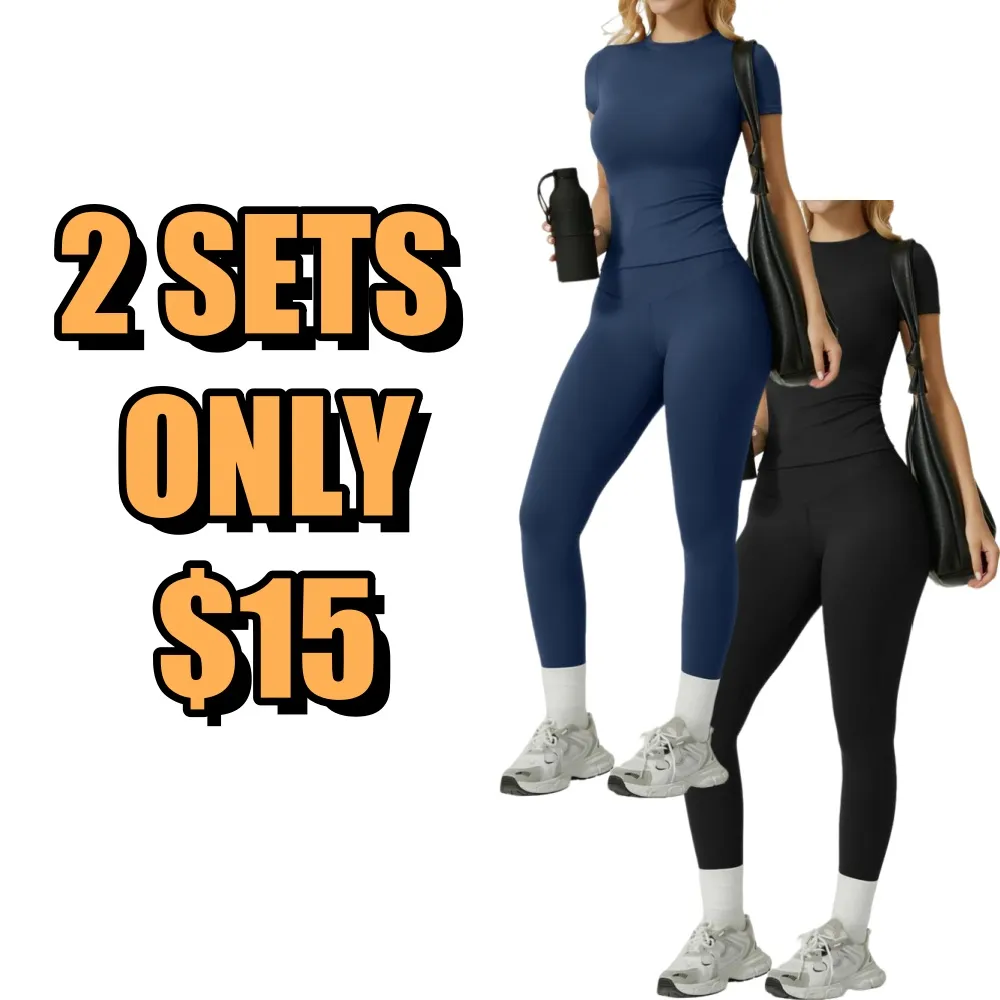 Women's Solid Ribbed Long Sleeve Tee & Leggings Sport Set