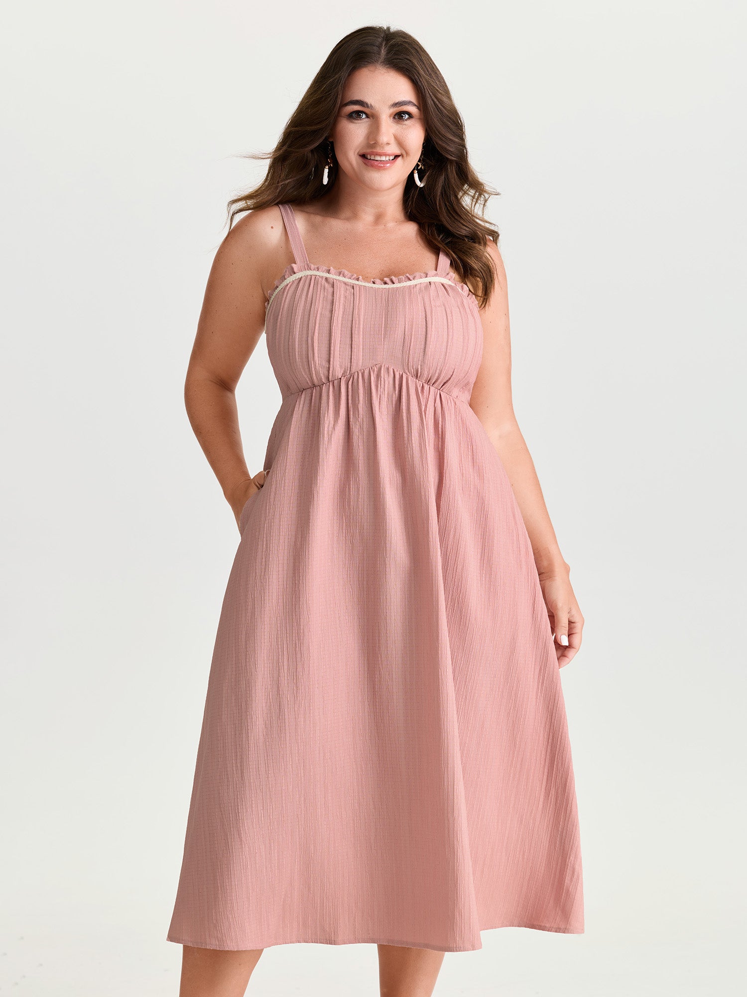 Pleated Front Textured Wide Strap Midi Dress