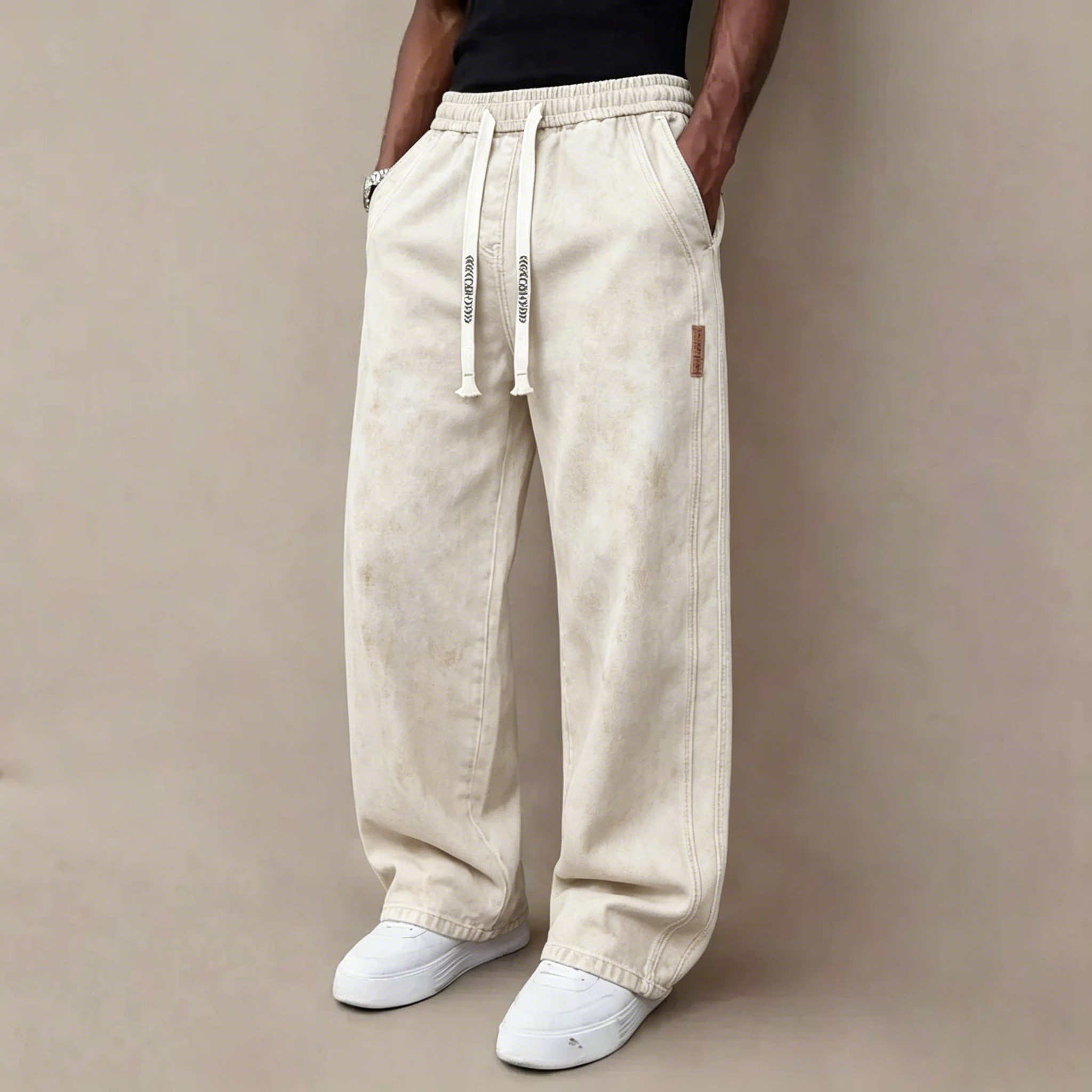 Men's Stretch Denim Jeans – Vintage Washed Straight Leg with Drawstring Waist