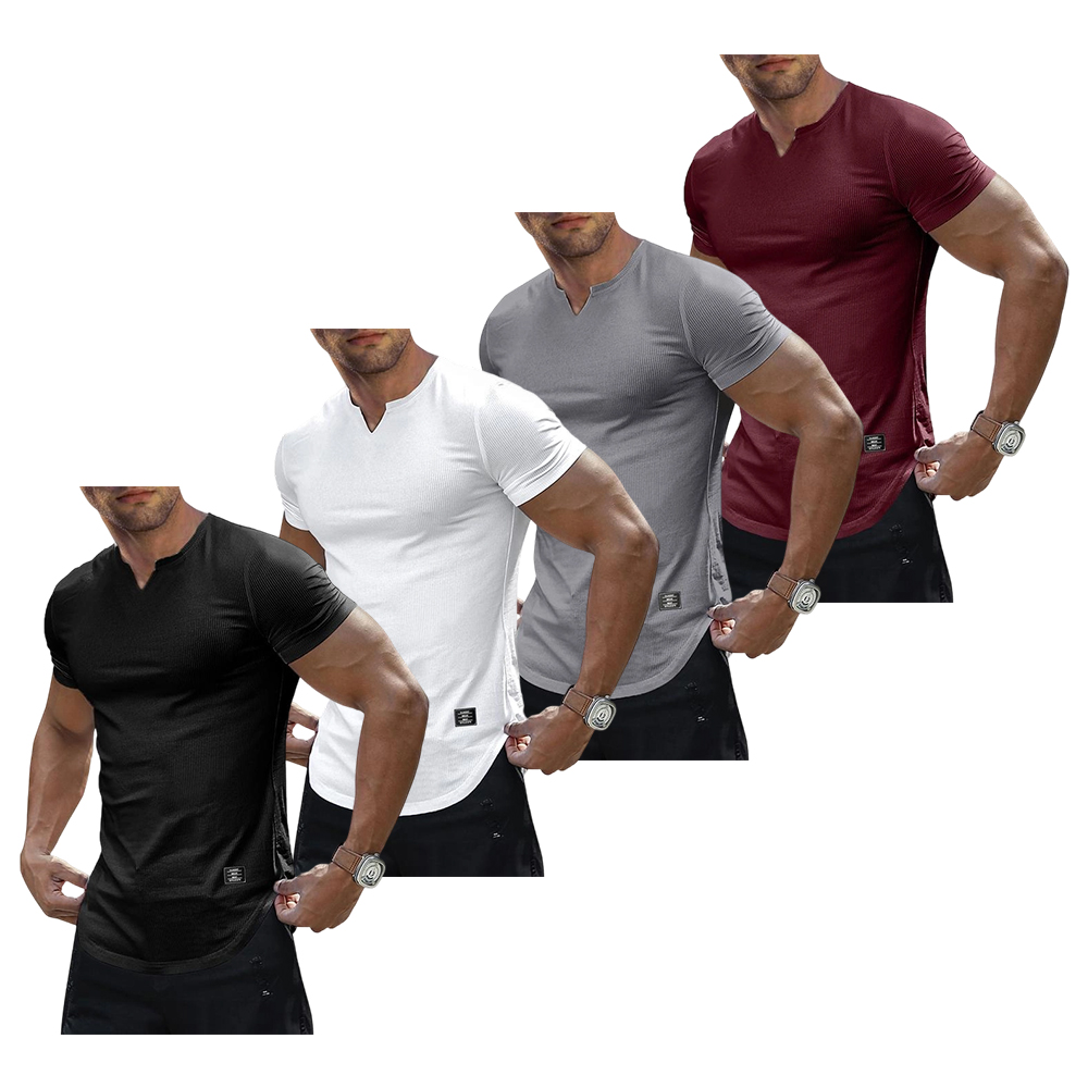 Men's Plain Muscle Slim Fitted T Shirt Polyester V-Neck Longline Shirt