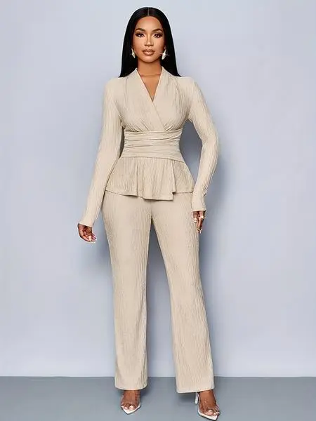 Elegant V-Neck Long Sleeve Top & Wide Leg Pants Set