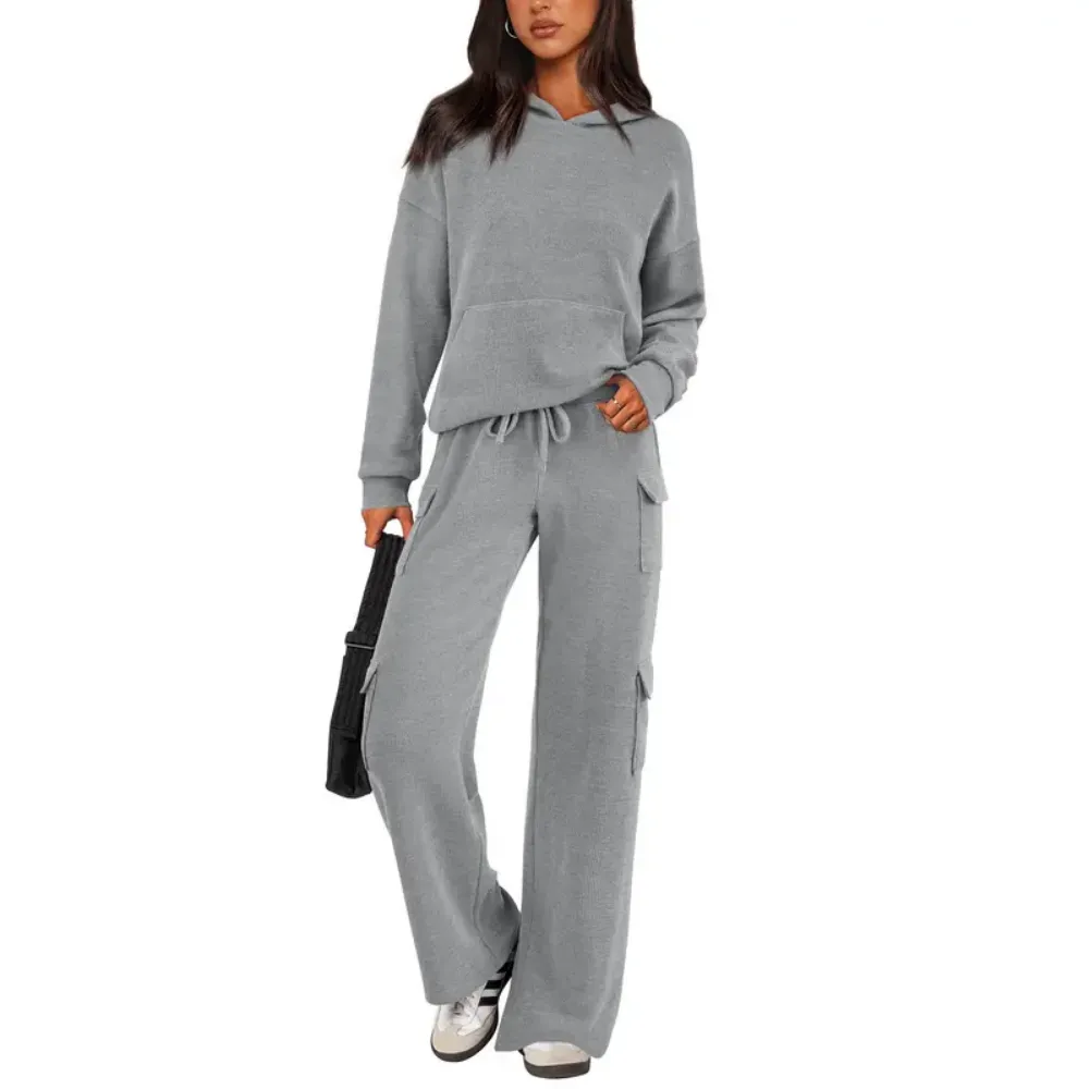 Women’s Casual Knit Tracksuit – Hoodie & Wide Leg Pants with Pockets