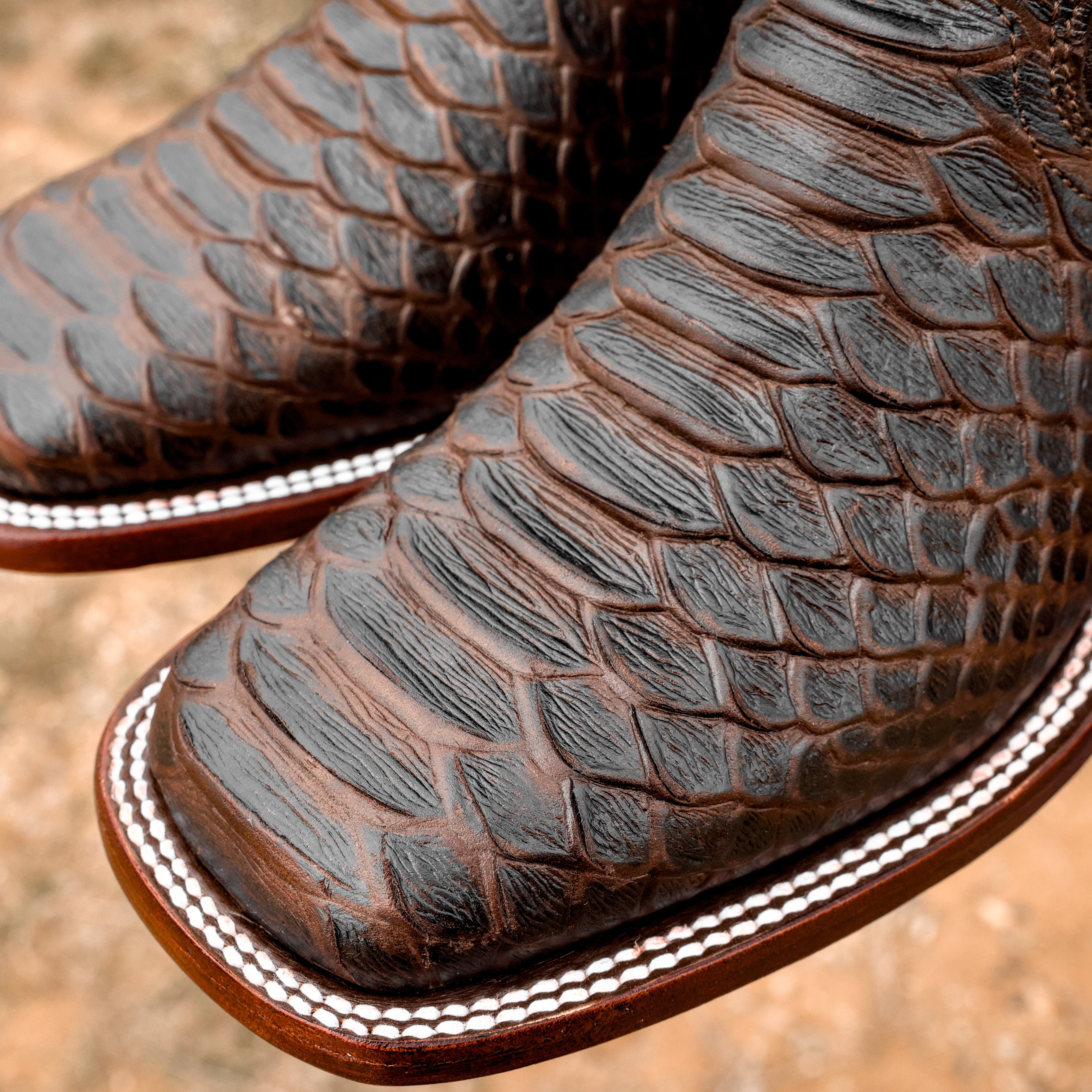 Matte Brown Python Leather Boots - Square Toe
