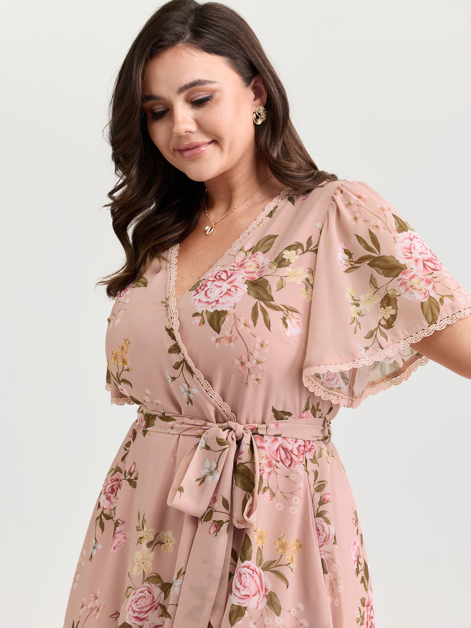 Soft Floral Print Lotus Leaf Hem Midi Dress