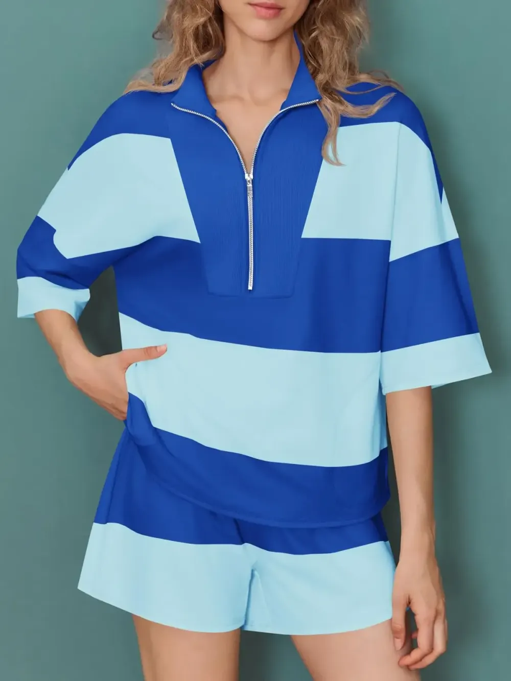 Womens 2 Piece Outfits Summer Striped Sweatshirt Workout Shorts Sets Matching Lounge Set