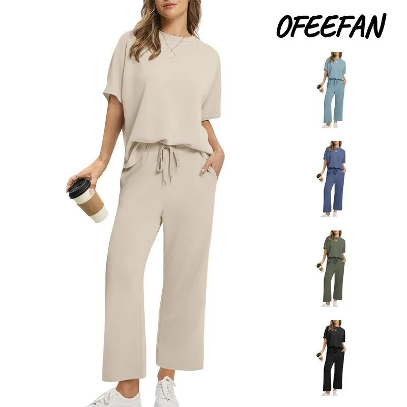 Two Piece Sets for Women Summer Outfits Oversized Wide Leg Crop Pants Lounge Sets