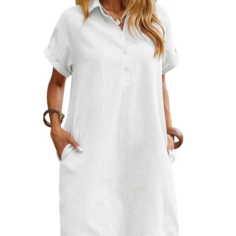 Womens Cotton Shirt Dress Summer Casual Short Sleeve Button Down Beach Cover Up Shirts with Pockets