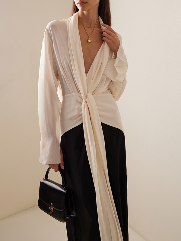 Contrast Color Long Sleeves Loose V-neck Maxi Dresses Evening Dresses