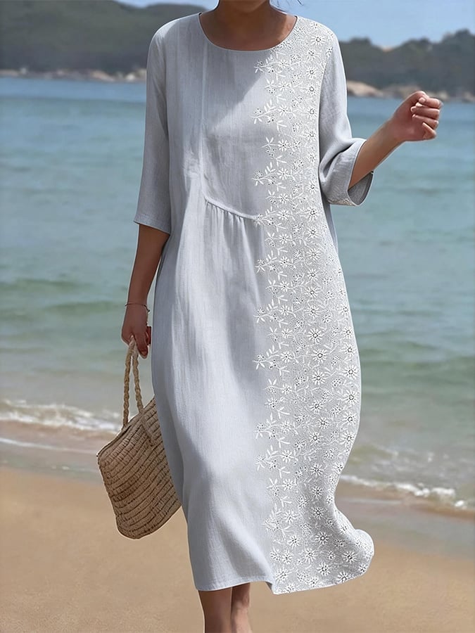 Women's Casual  Round Neck Mid Sleeve Print Cotton and Linen Dress- Fast Shipping