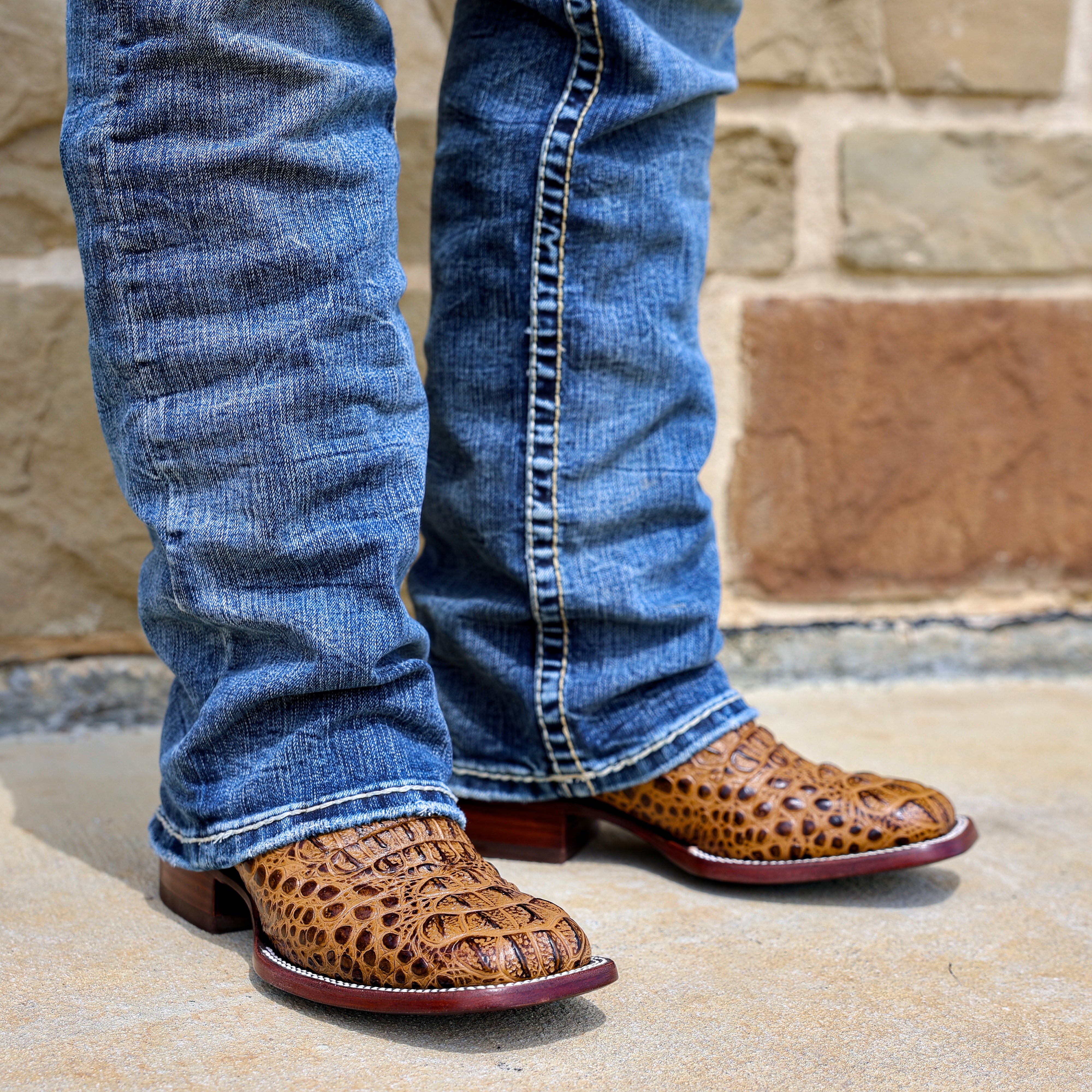 Honey Caiman Neck Leather Boots - Square Toe