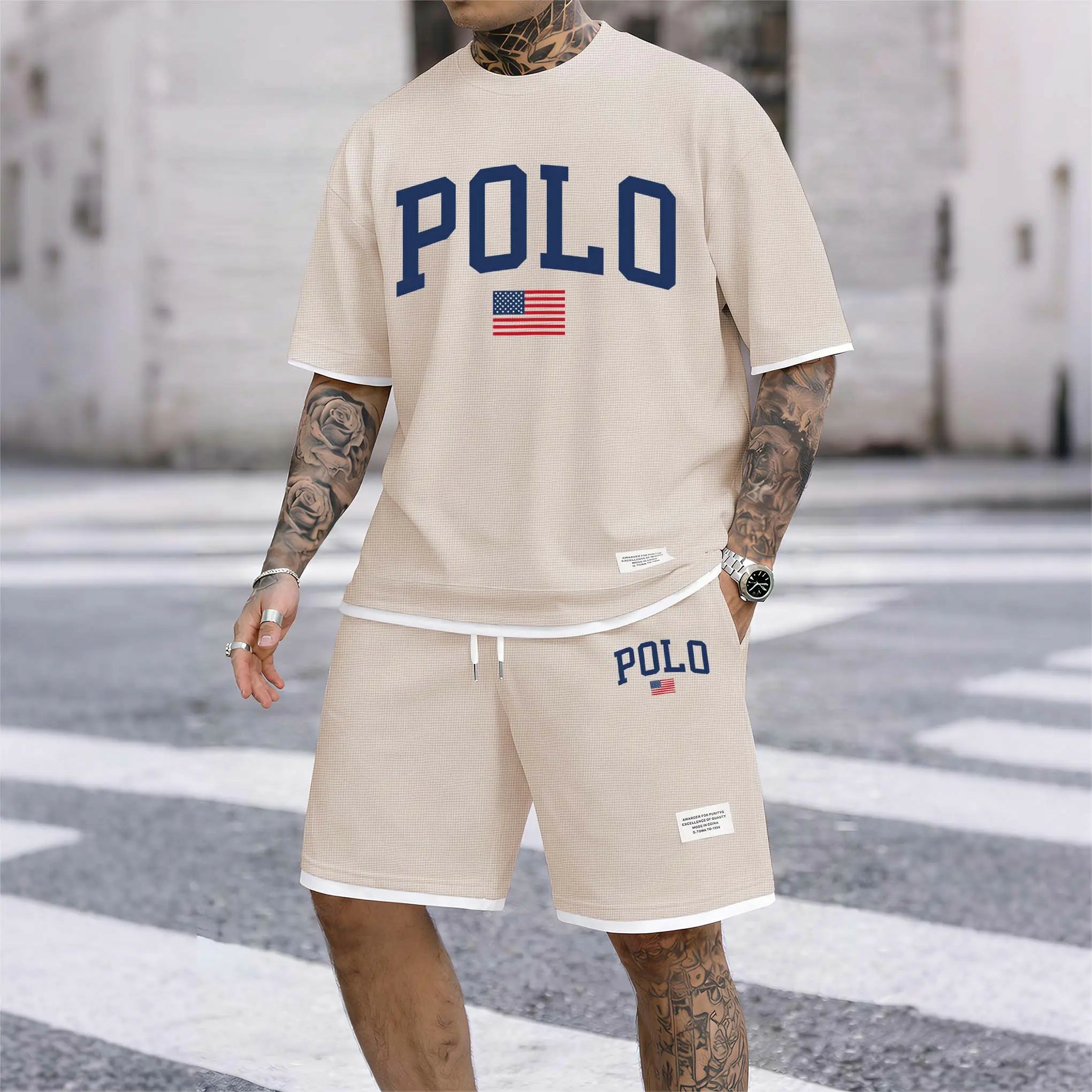 Men’s Printed Polo Shirt & Drawstring Shorts Set – Casual Summer 2-Piece Outfit