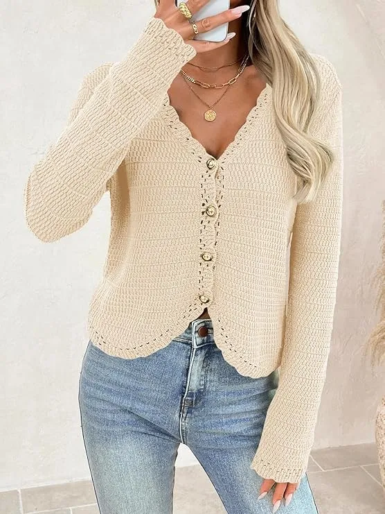 Women's V-Neck Cropped Boho Knit Cardigan