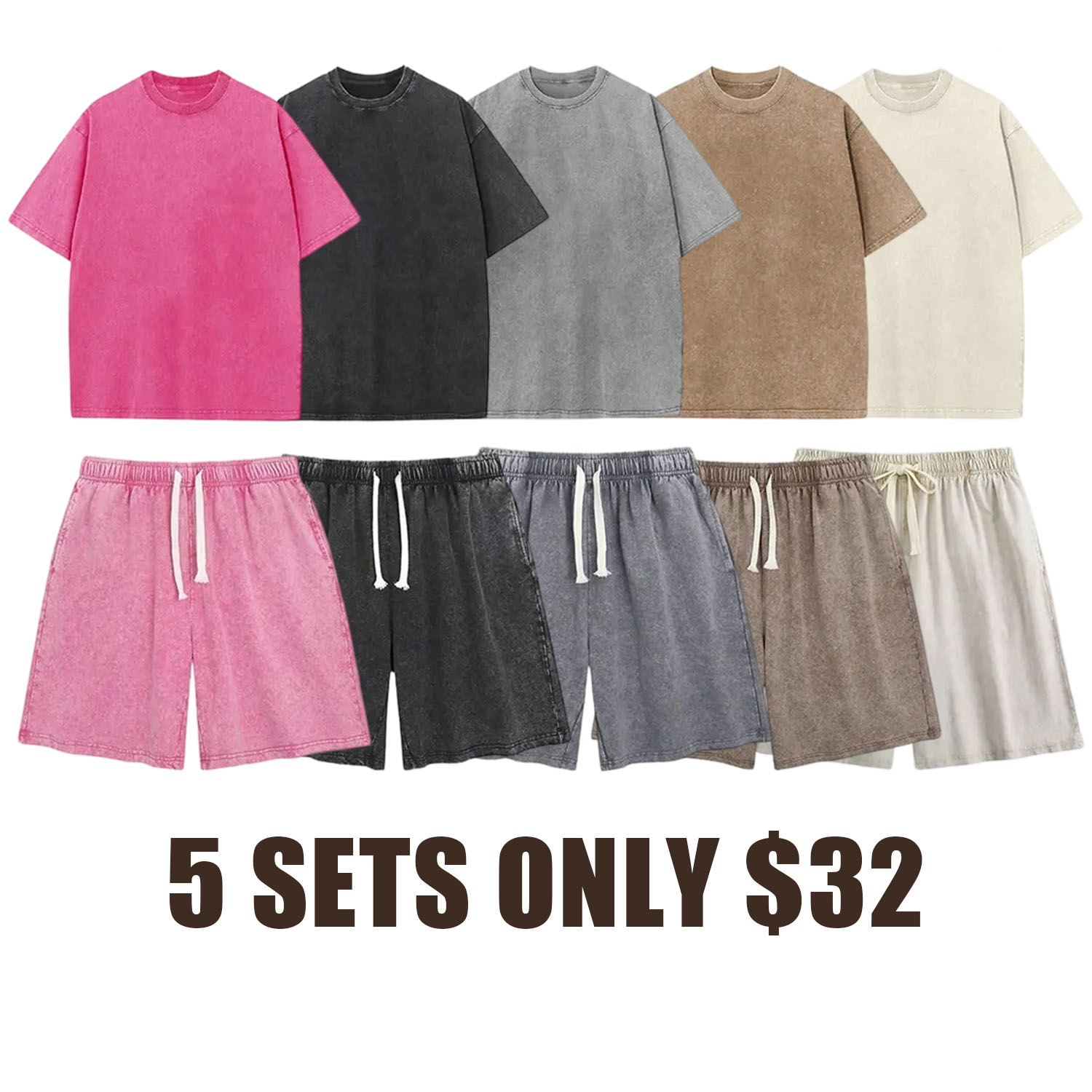 Holafish Retro Acid Wash Basic Unisex Tee & Shorts Cotton,7