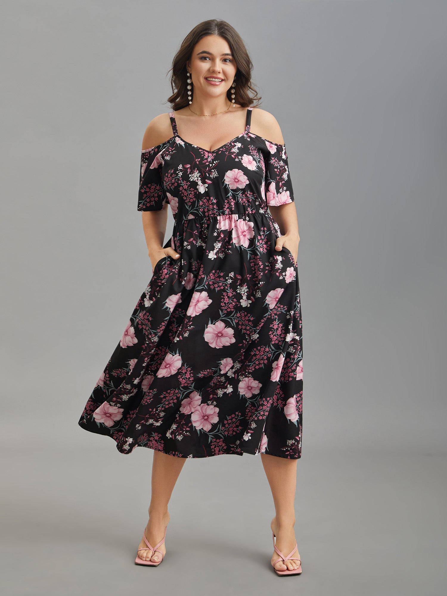 Floral Print Cold-Shoulder Pockets Midi Dress