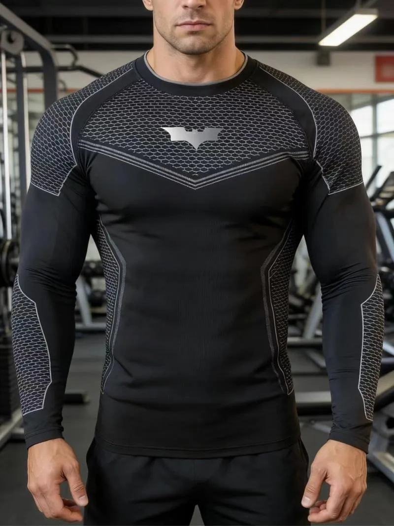 Men's Batman Sports Long Sleeve High Stretch Quick-Dry Fitness Tight Fit Running Ironing Essential