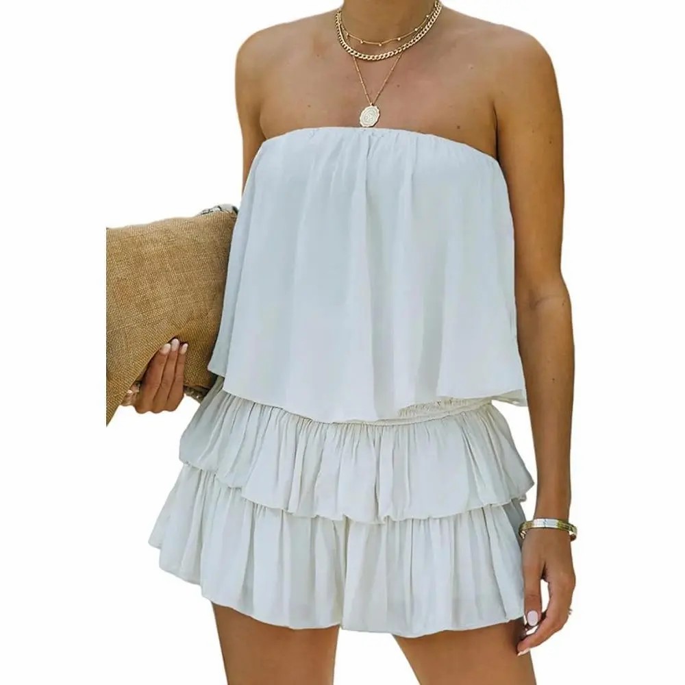 Women’s Off-Shoulder Smocked Romper – Flowy Strapless Summer Playsuit