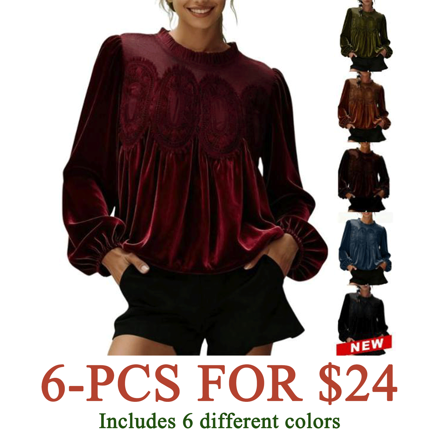 Women’s Elegant Velvet Lace Long Sleeve Blouse
