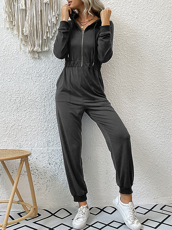 Elasticity Split-Joint Zipper Skinny Hooded Jumpsuits