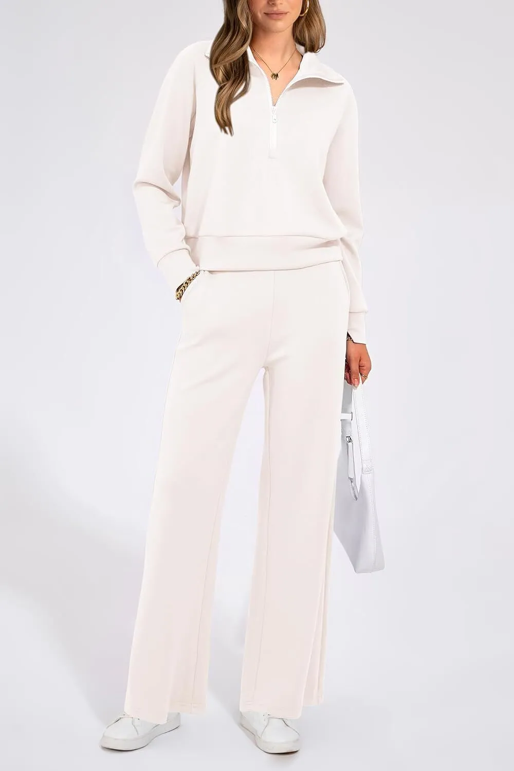 🔥Final Day Clearance!🛒Women's 2 Piece Outfits Casual Lapel Half Zip Sweatshirts And Wide Leg Pants Tracksuit Sets🔥8-PACK ONLY $28🔥