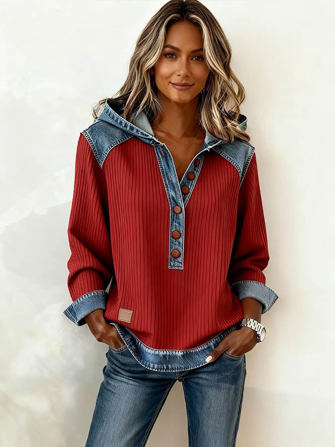 Women's Casual Hooded Collar Denim Patchwork Sweatshirt