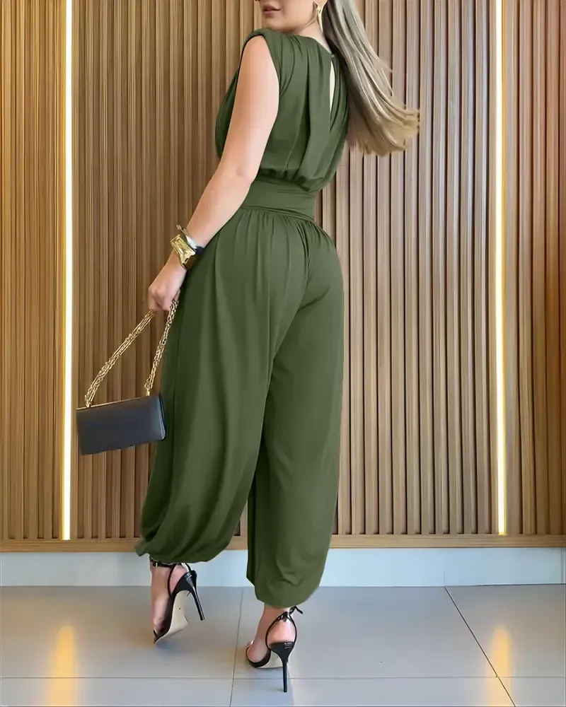 Women's Padded Shoulders Sleeveless Cinched Basque Waist Side High Slit Overalls Casual