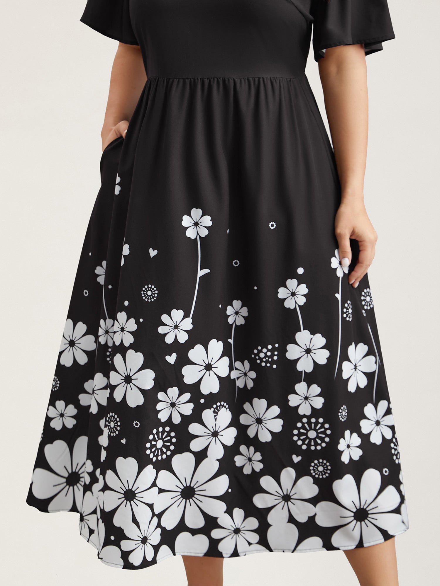 V-Neck Floral Print Flared Sleeve Dress