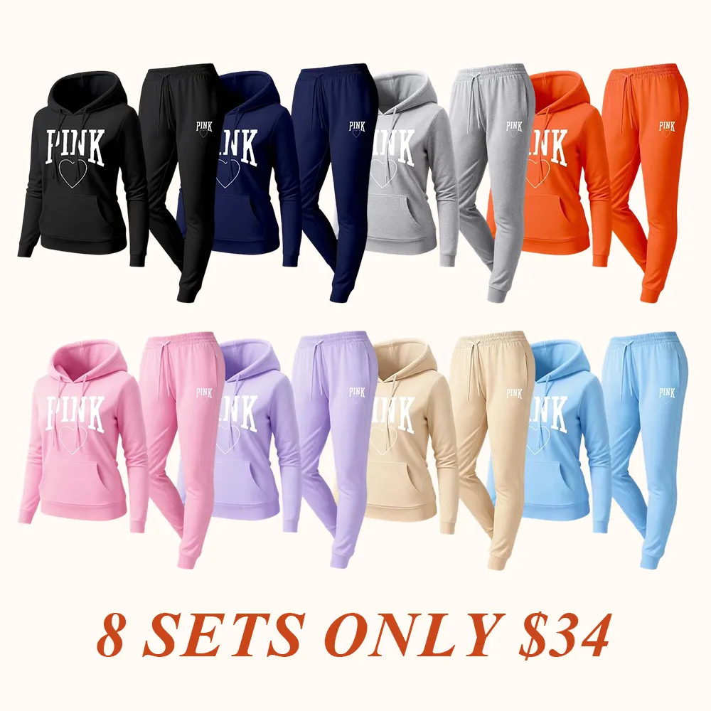 Women's Pink Heart Print Hair And Sunglasses Hoodie And Drawstring Track Pants Set