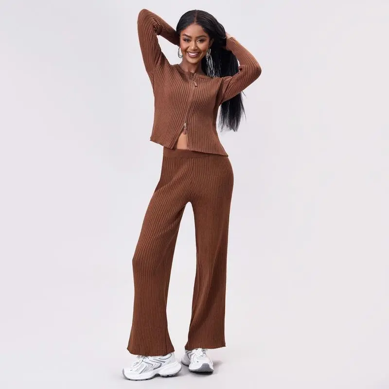Women's Comfy Solid Color Ribbed Zip-Up Sweater & Wide Leg Trousers Co-ord