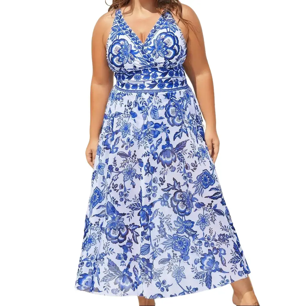 BlOOMCHIC Mid-Plus Size Two-Piece Floral Print Full Coverage Ruched Mesh Swimsuit