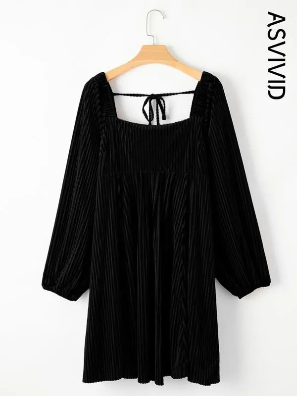 Women's Plain Bishop Sleeve Tie Back Square Neck Dress