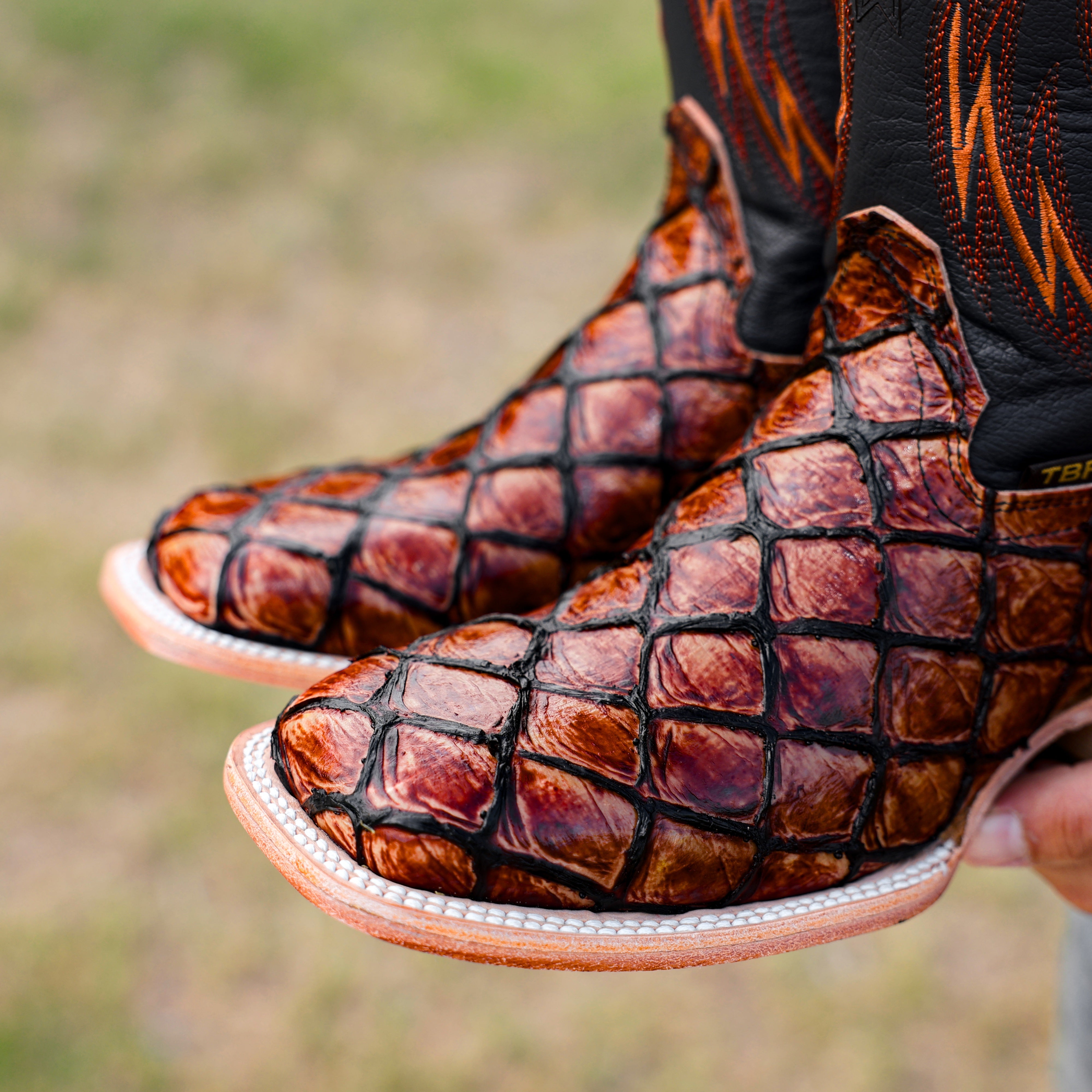 Cognac Pirarucu Leather Boots - Square Toe