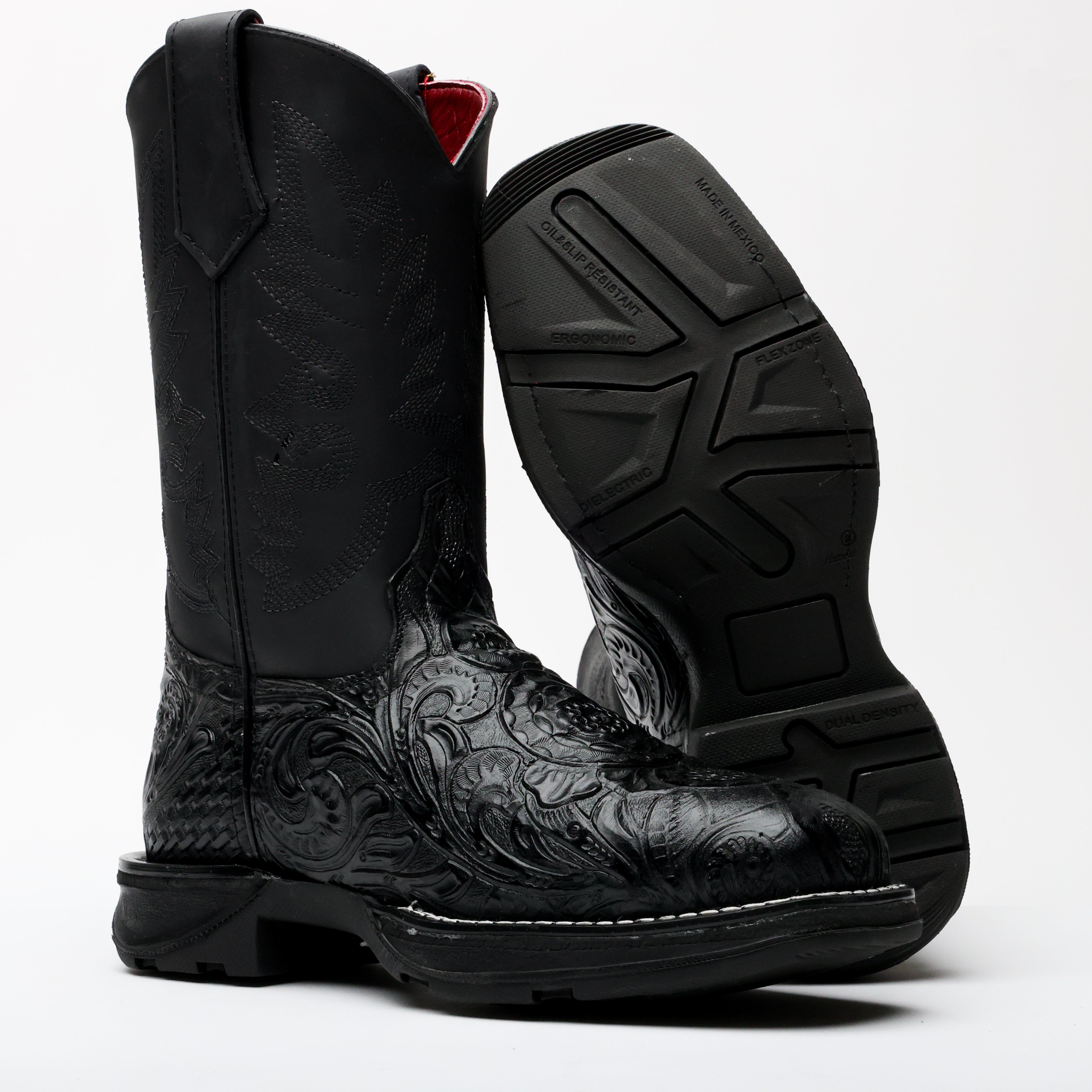 Black Hand-Tooled Leather Boots With 3D Lightweight Sole - Composite Toe
