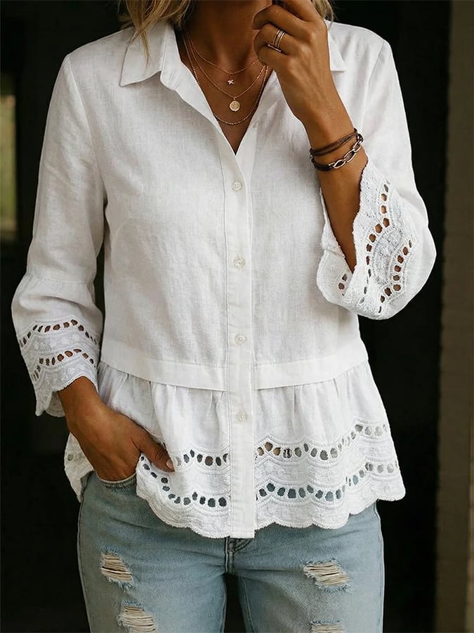 Women's Casual Collared Hollow-Out Patchwork Shirt- Fast Shipping