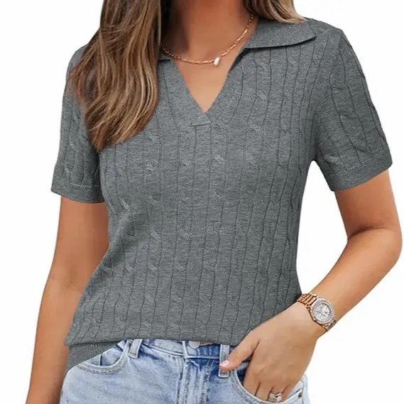 Women's Wool Blend Short Sleeve Polo Shirt – Soft Business Casual Summer Sweater Top
