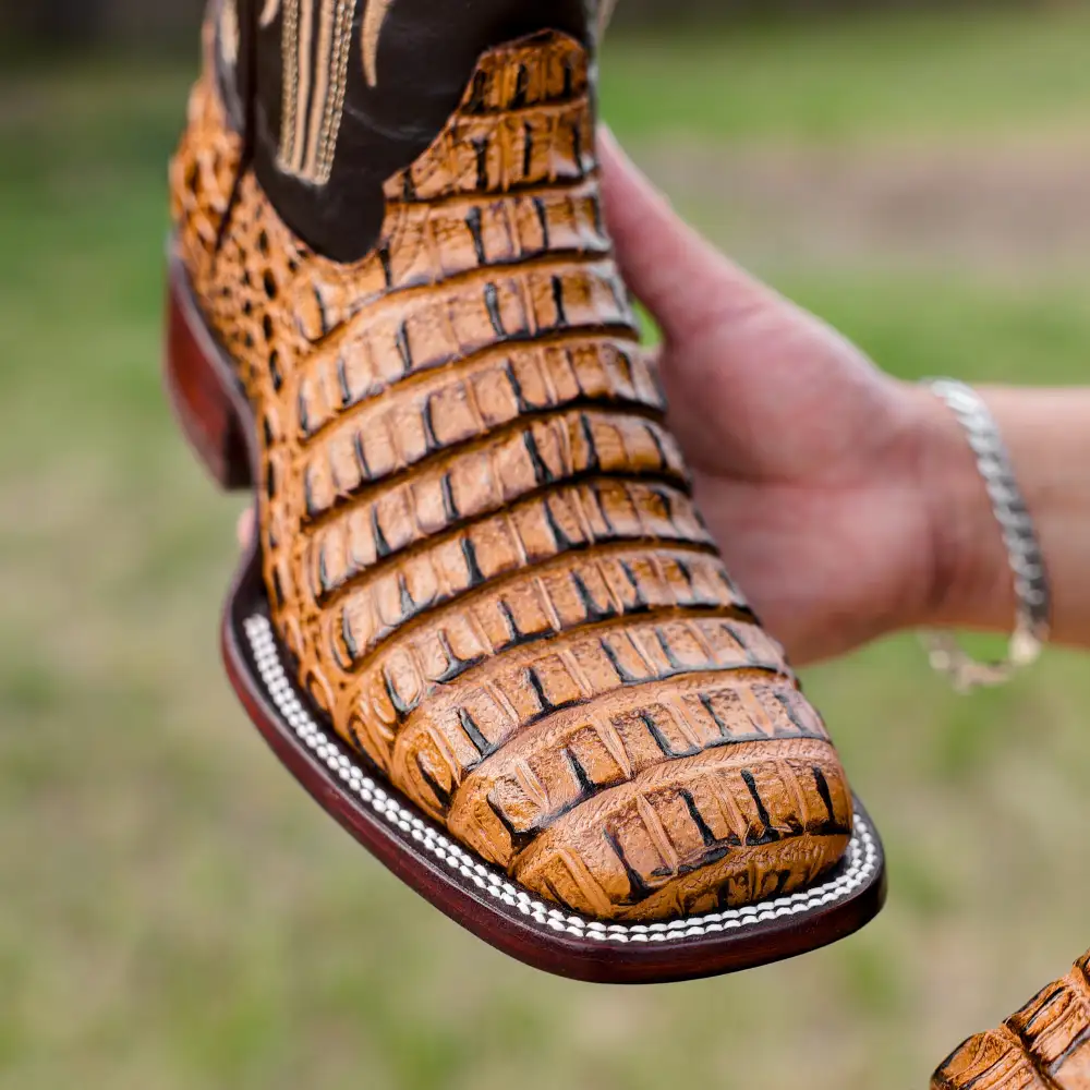 Honey Caiman Hornback Leather Boots - Square Toe