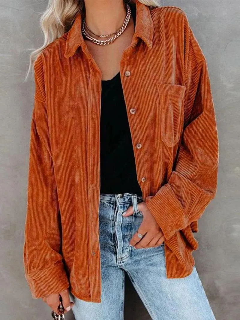 Women's Plain Pocket Button Front Corduroy Shirt