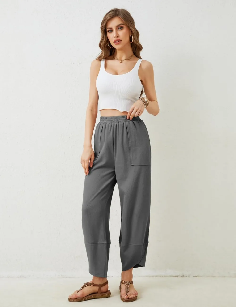 Women's Wide Leg Harem Pants Casual Palazzo Pants with Pockets High Waist Relaxed Fit