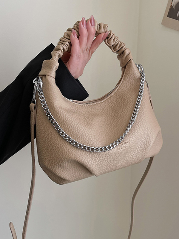 Chains Pleated Solid Color Zipper Handbags Crossbody Bags