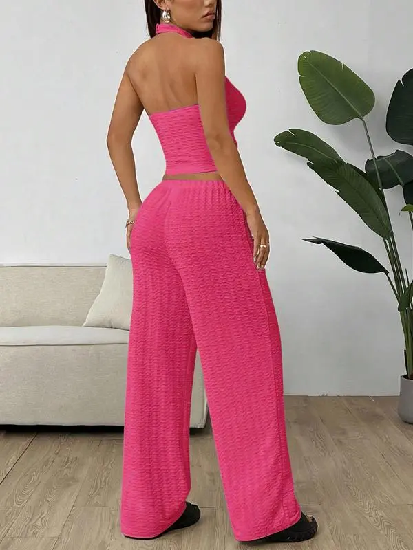 Women's Solid Crop Halter Neck Top & Wide Leg Pants Set