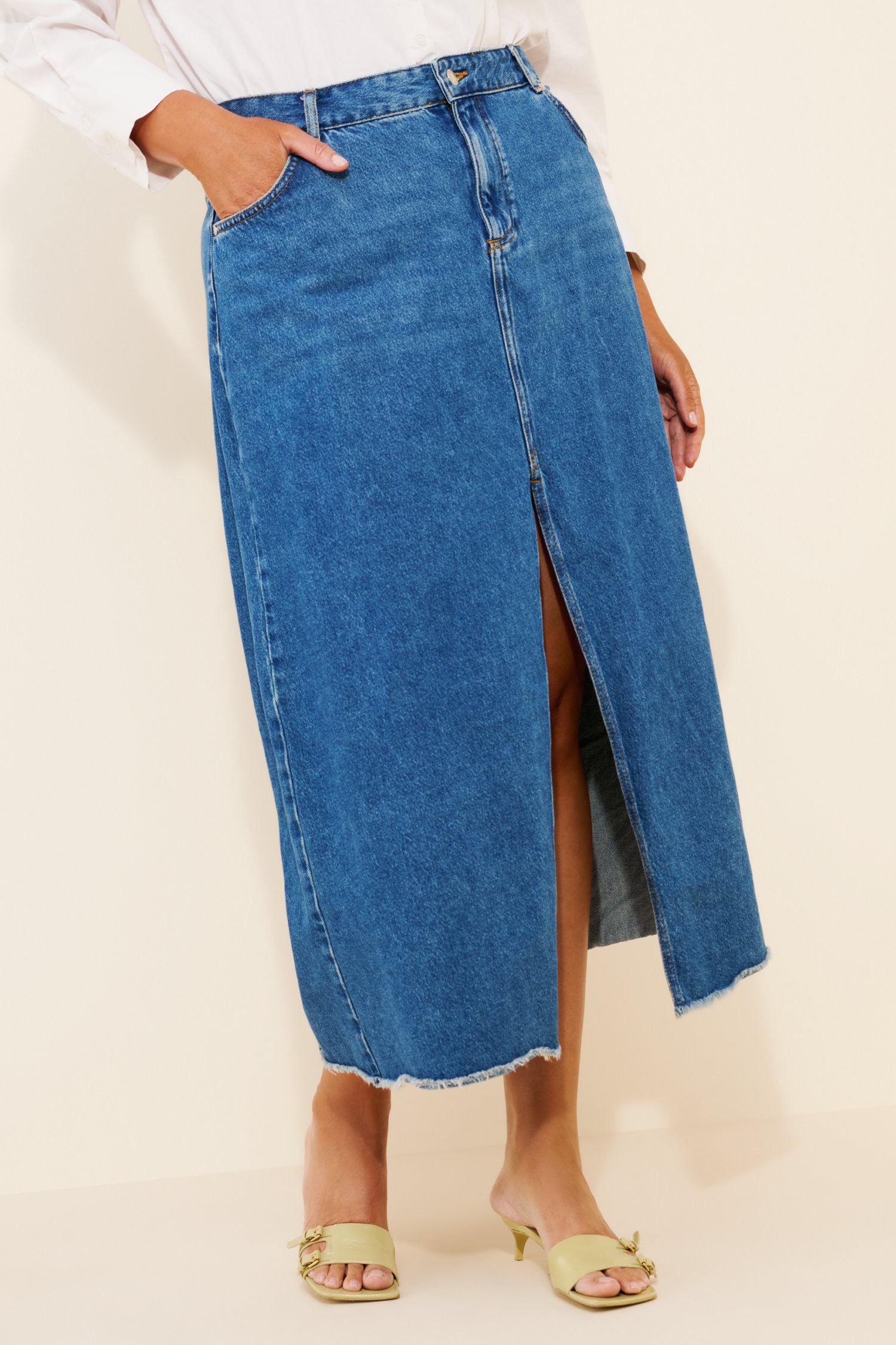 Denim Front-Slit Maxi Skirt