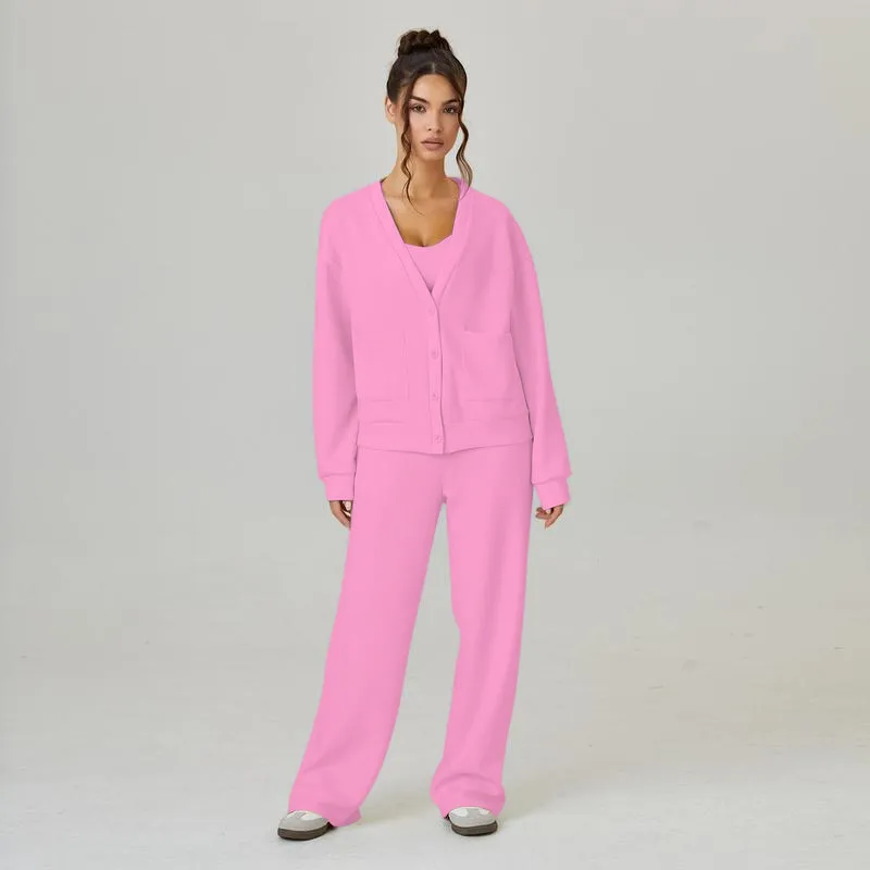 Women's Slouchy Solid Color V Neck Long Sleeve Button Cardigan & Drawstring Waist Trousers Co-ord
