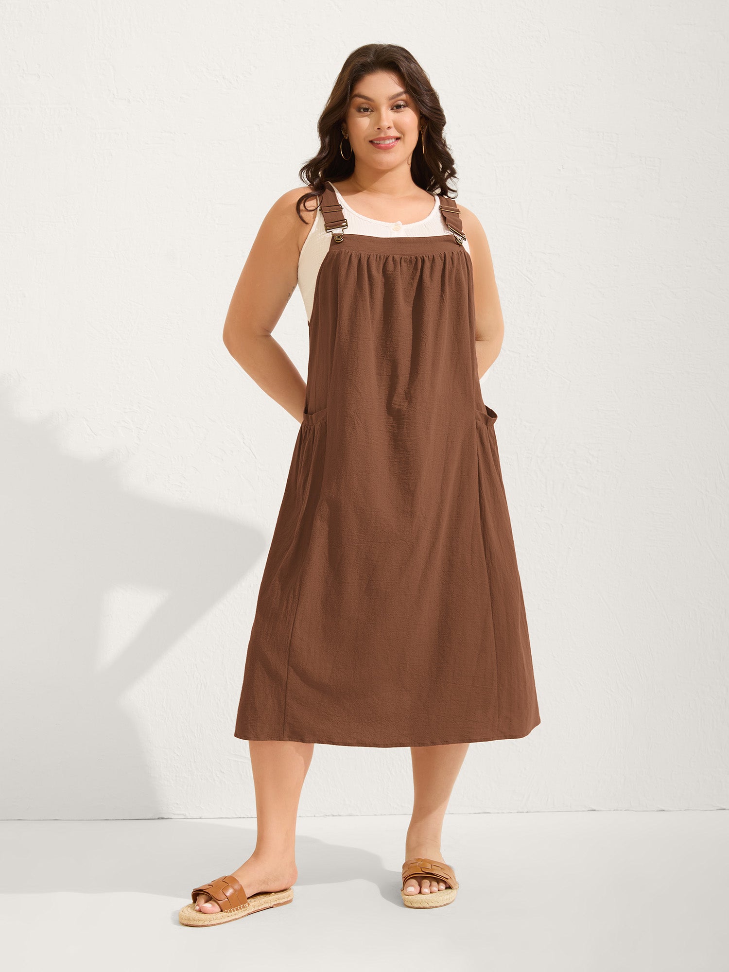 Pure Cotton Pleated Pockets Midi Dress